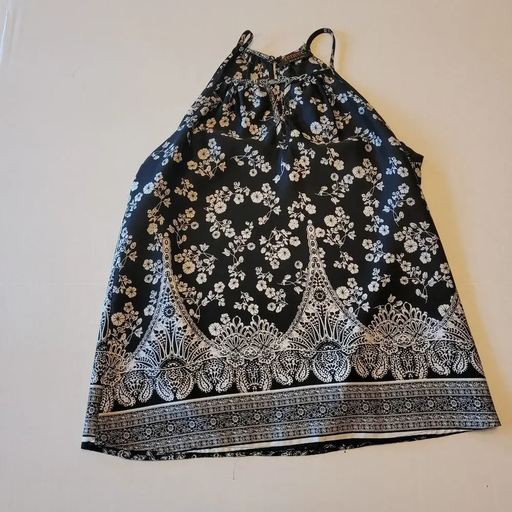 Renee C Black Floral Halter Top Size S Paisley Border Boho Y2K Indie Festival